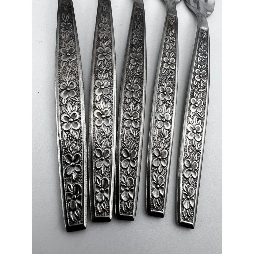 Vtg ROGERS Stainless 5pc Appetizer Hors D'oeuvre Seafood Forks Japan Floral